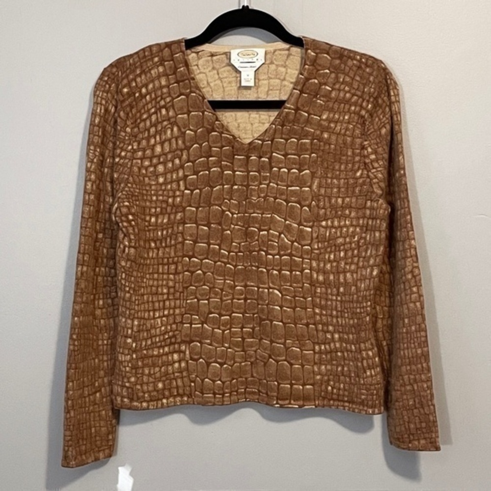 EUC Vintage Cashmere Silk Croc Print V-Neck Sweater Brown S/M fit
